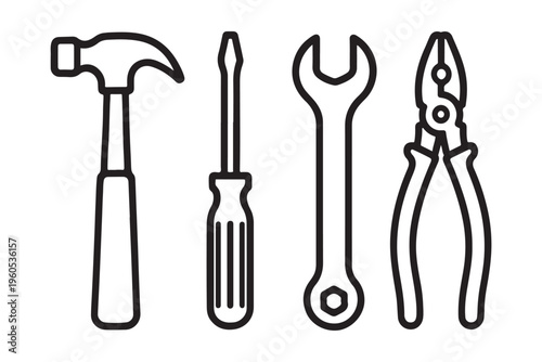 Hand tools set icon with wrench hammer screwdriver and pliers.