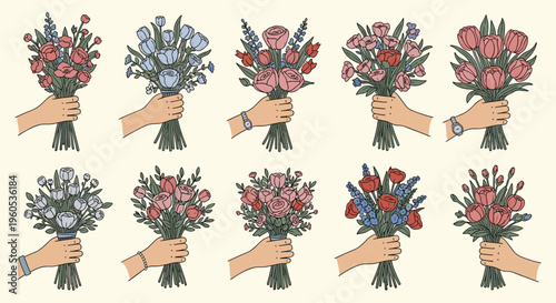 Set of human hands holding various colorful flower bouquets including tulips and roses for celebration or romantic gift.