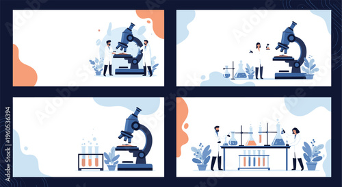 Professional scientists conducting research in a modern laboratory using microscopes and various chemical test equipment.