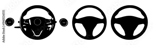 Steering wheel set with bold black silhouette of vehicle featuring automobile, steering, road with iconography and motion