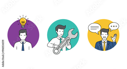 Business professional characters representing creative idea generation, technical problem solving, and communication skills.