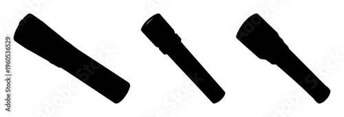 Flashlight set with silhouette on dark background featuring handheld illumination, battery icon, switch with minimalist black and white and line art