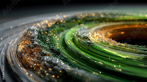 A mesmerizing abstract swirl of green, brown, and golden particles creating a dynamic vortex-like pattern with sparkling light effects on a dark background.