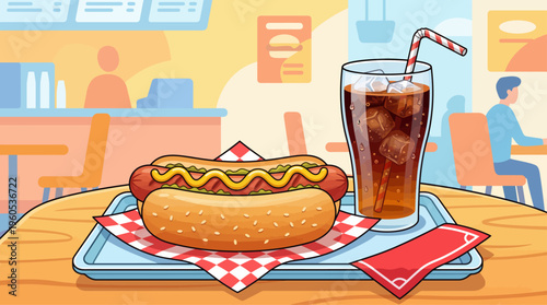 Illustration of a hot dog with condiments on a tray next to a cold drink on a table in a diner