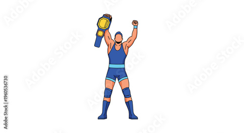 Strong male wrestler in blue singlet raising his arms in victory while holding a championship belt after winning a match.