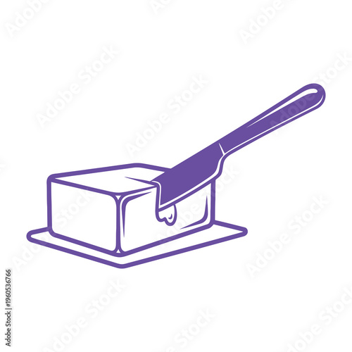 Butter block with knife line art illustration on white background