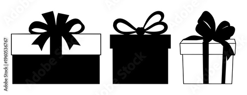Gift box with bow silhouette set with simple line illustration featuring gift, packaging, celebration with elegance and festivity