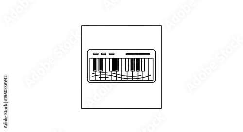 Minimalist black line art illustration of an electronic keyboard instrument featuring musical notes