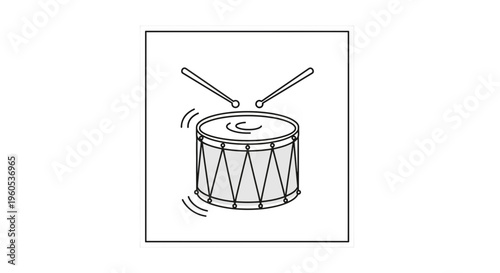 Stylized graphic of a musical drum with drumsticks playing a rhythmic beat and sound waves