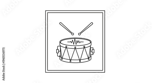 Stylized line art illustration of a snare drum with drumsticks and sound wave icon representing