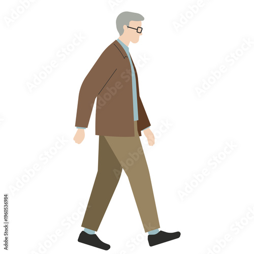 茶色のジャケットを着て歩くグレイヘアのおじいちゃん
