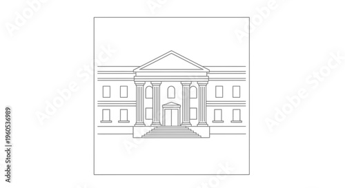 Minimalist line art illustration of a grand classical building with iconic columns and elegant