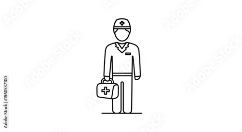 Minimalist line art illustration of a medical professional holding a first aid kit, symbolizing
