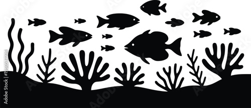 A dynamic school of various fish swimming above a seabed with underwater plants in silhouettes