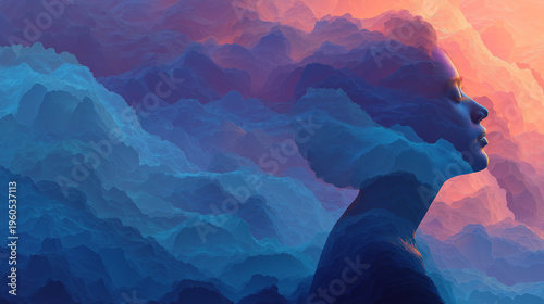 A surreal digital artwork depicting a woman's profile merging with layered, cloud-like waves in blue and purple hues against a warm, glowing background.