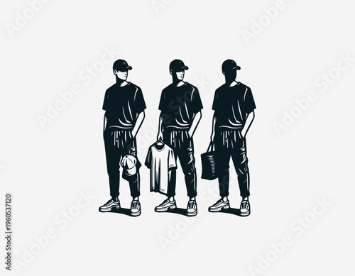 Young man holding t shirt and sneakers representing casual fashion lifestyle and retail style in clean minimalist black vector illustration style on white background