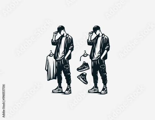 Young man holding t shirt and sneakers representing casual fashion lifestyle and retail style in clean minimalist black vector illustration style on white background