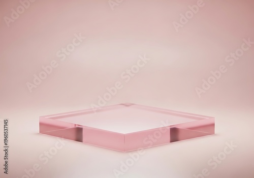 A minimalist square glass podium display stand set against a soft pastel pink studio background