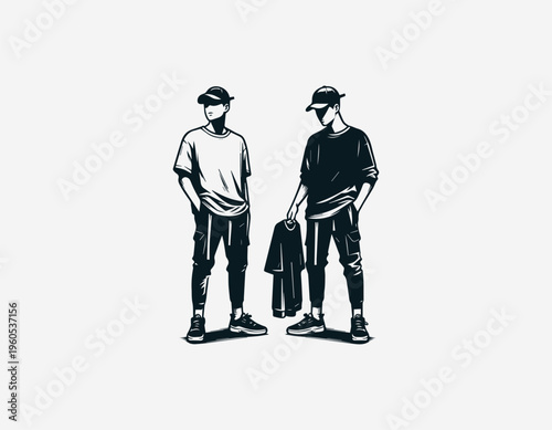 Young man holding t shirt and sneakers representing casual fashion lifestyle and retail style in clean minimalist black vector illustration style on white background