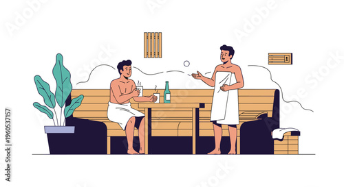 Two men relaxing in a traditional wooden sauna or steam room while having a friendly conversation and drinking beverages.