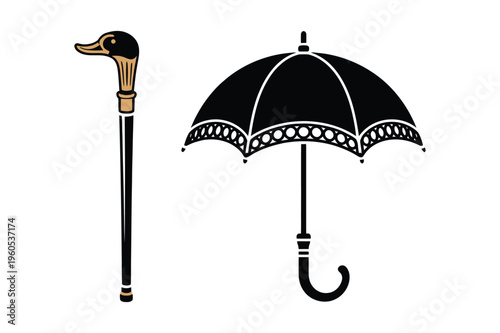 Duck head walking cane and umbrella silhouette vector illustration