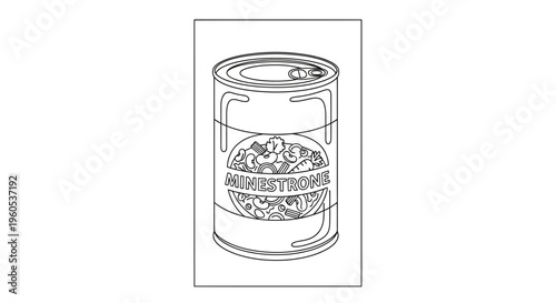 Vector line art outlining a modern minestrone soup can ready for meal preparation