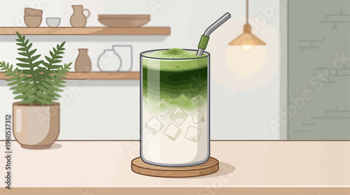 A refreshing glass of green tea sits on a wooden coaster next to a potted fern plant on a shelf with ceramic items in a cozy room.