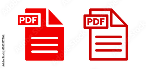 Red PDF format file icons, representing document file format symbols. Outline and solid variations on a transparent background for web and graphic design.