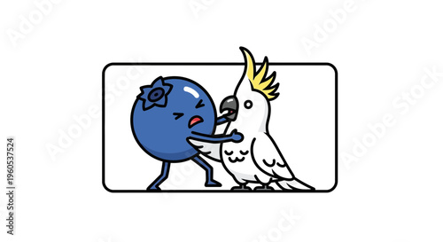 A comical confrontation between a distressed blueberry character and a mischievous cockatoo parrot