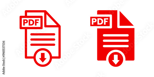 red PDF download document file icons, solid and outline variations, representing file format. Transparent background used for digital presentation and graphic design.