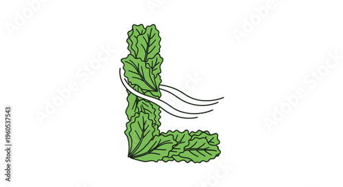 Stylized letter L crafted from fresh vibrant green salad leaves accompanied by a subtle breeze