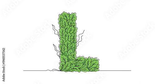 Vibrant letter L formed by lush green leaves in continuous line art illustration for natural