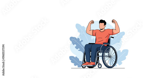 Strong man sitting in a manual wheelchair and flexing his bicep muscles to demonstrate physical power and determination.