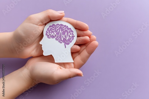 Gentle hands protectively hold a paper cutout of a human head featuring a detailed purple brain with an active brainwave pattern on a soft lavender ba