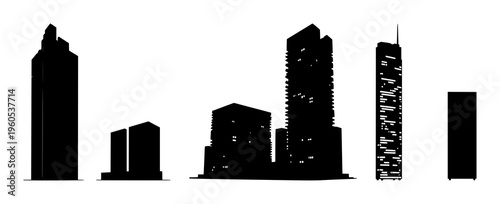 Solid black silhouette of a futuristic modular skyscraper, sustainable urban architecture theme, geometric grid, white background. set with simple line art design featuring sketches, drawings, vect...