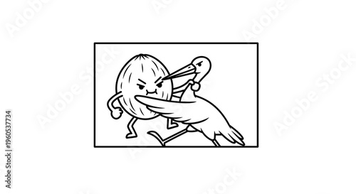Cartoon illustration depicting a determined nut confronting a long-beaked bird in a playful struggle