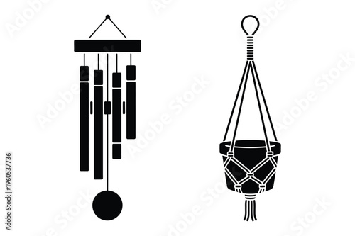 Wind chimes and hanging planter silhouettes
