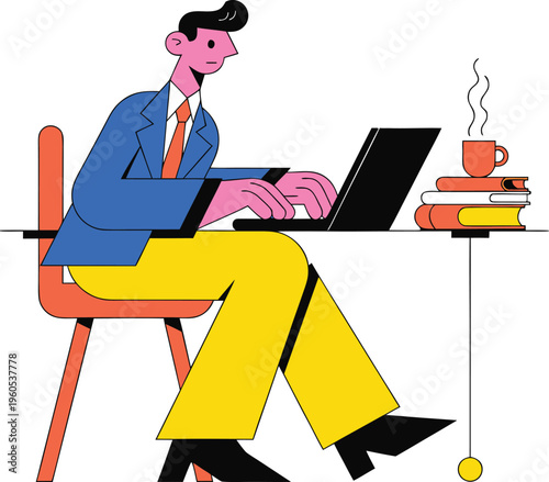 Man sitting at a desk working on a laptop with a cup of coffee