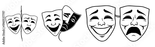 Theater masks (Joy/Sorrow) set with stylized silhouette design featuring masks, theater, comedy tragedy with black and white line art and vector illustration