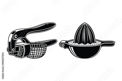 Garlic press and citrus juicer silhouette icon