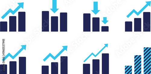 Simple dark blue bar charts illustrate upward and downward financial trends using bright cyan arrows for directional emphasis.