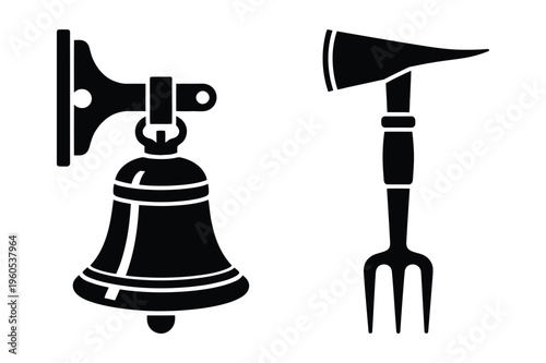 Firefighter bell and axe icon set silhouette