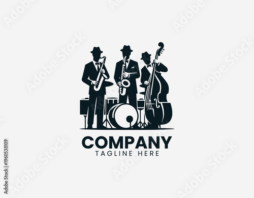 A jazz band is illustrated performing with saxophone drums and double bass in a clean modern black vector logo illustration style on a white background
