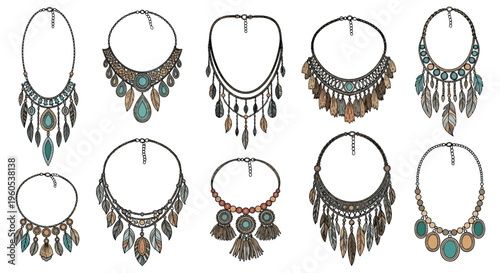 Collection of ornate ethnic style necklaces with feathers, beads, and gems displayed against a clean white background.