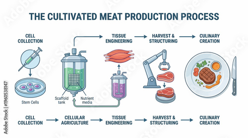 An illustrated professional vector diagram outlining the cultivated meat production process, from stem cell collection to culinary creation