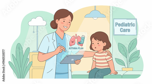 Pediatrician explains a digital asthma plan to a young patient, promoting child respiratory health education and modern medical understanding