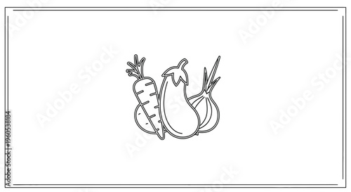 Minimalist outline illustration depicting a nutritious assortment of fresh garden vegetables,