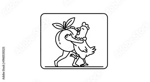 Playful chicken happily carrying a large apple with legs, a fun monochrome cartoon illustration