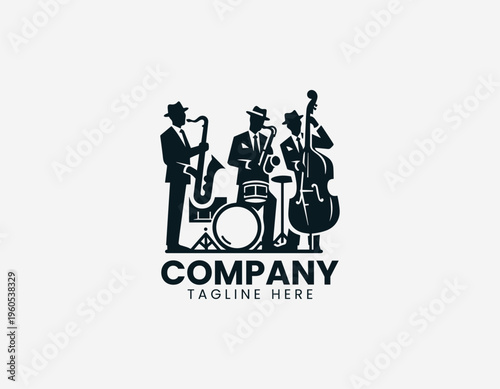 A jazz band is illustrated performing with saxophone drums and double bass in a clean modern black vector logo illustration style on a white background
