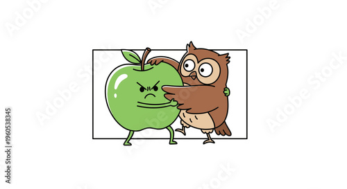 Whimsical cartoon featuring a grumpy green apple in a comical standoff with a startled brown owl